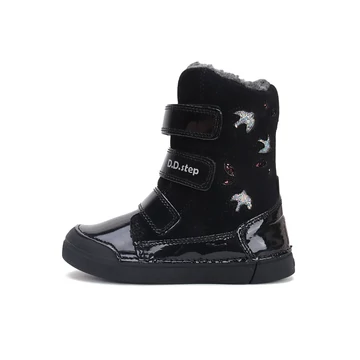 D.D.step bélelt téli kislány csizma, fekete, lakk madaras mintával
