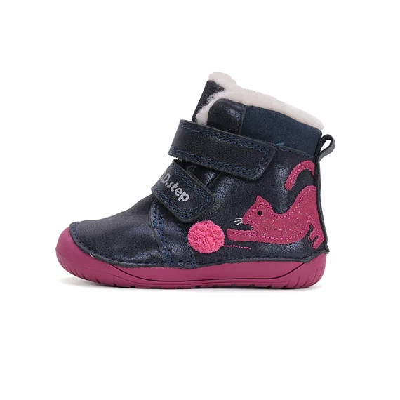 D.D.step bélelt téli kislány cipő sötétkék, rózsaszín cicás